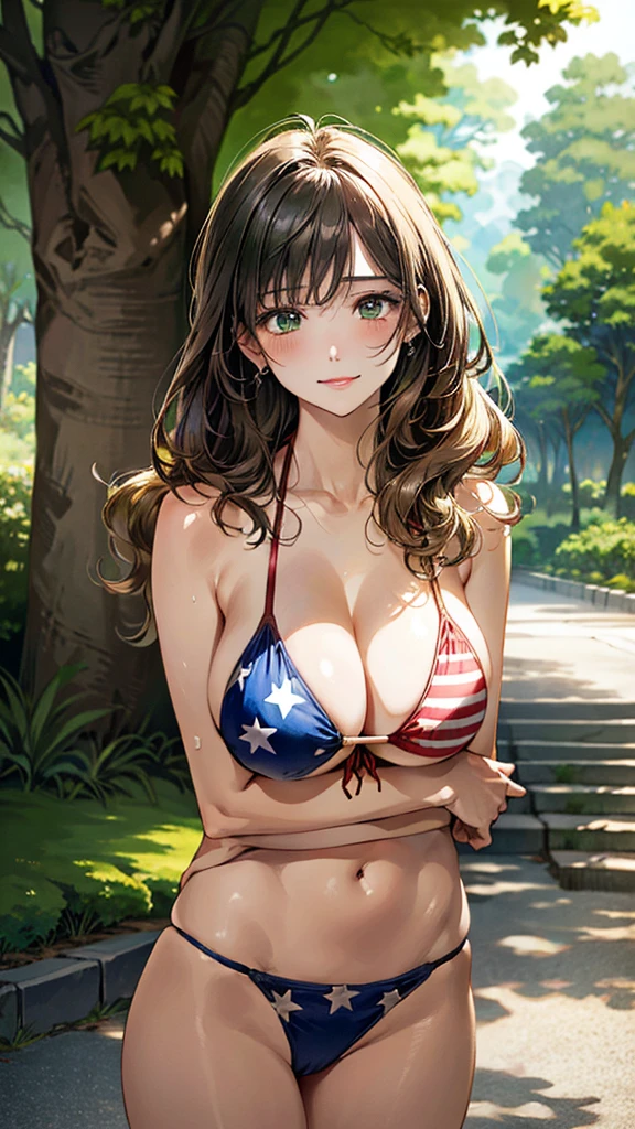 (masterpiece:1.2, top-quality), (realistic, photorealistic:1.4), beautiful illustration, (natural side lighting, movie lighting), , 
beautiful hair, beautiful face, beautiful detailed eyes, beautiful clavicle, beautiful body, beautiful chest, big breasts, enhance breasts, beautiful hands, 
looking at viewer, close up, front view, 1 girl, ars old, japanese, perfect face, perfect anatomy:1.3, cute and symmetrical face, shiny skin, cleavage, hold breasts, breast squeeze,
(middle hair:1.8, wavy hair, (blond hair)), asymmetrical bangs, dark green eyes, long eye lasher, (large breasts:1.6, thin waist, thick thighs), 
((American national flag bikini)), surprised face, naughty face, view at below
(beautiful scenery), morning, (village, trees), standing, (seductive smile), arms up
