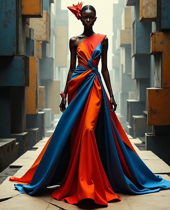 (Goddess of Fashion:1.4), in a bold and avant-garde Cubist style, (her figure is composed of geometric shapes, fragmented forms, and abstract angles:1.2), (dressed in a striking, asymmetrical haute couture outfit:1.2), (the gown is a masterpiece of Cubist design, with overlapping planes of color, sharp lines, and contrasting patterns:1.2), (her face is depicted with multiple perspectives, showcasing a sophisticated and enigmatic expression:1.2), (the background features a deconstructed runway, with fragmented lights and shadows that add depth and intrigue:1.2), (rich, vibrant colors, including deep blues, reds, and golds, arranged in a harmonious yet abstract palette:1.2), (perfect image quality:1.4), (intricate details, sharp focus, and a dynamic composition:1.2), (the overall aesthetic is both surreal and stylish, capturing the essence of fashion through the lens of Cubism:1.2), (bold, angular accessories that complement the Cubist theme:1.2), (the image radiates with a sense of modernity and timeless elegance, blending the worlds of art and fashion seamlessly:1.2)