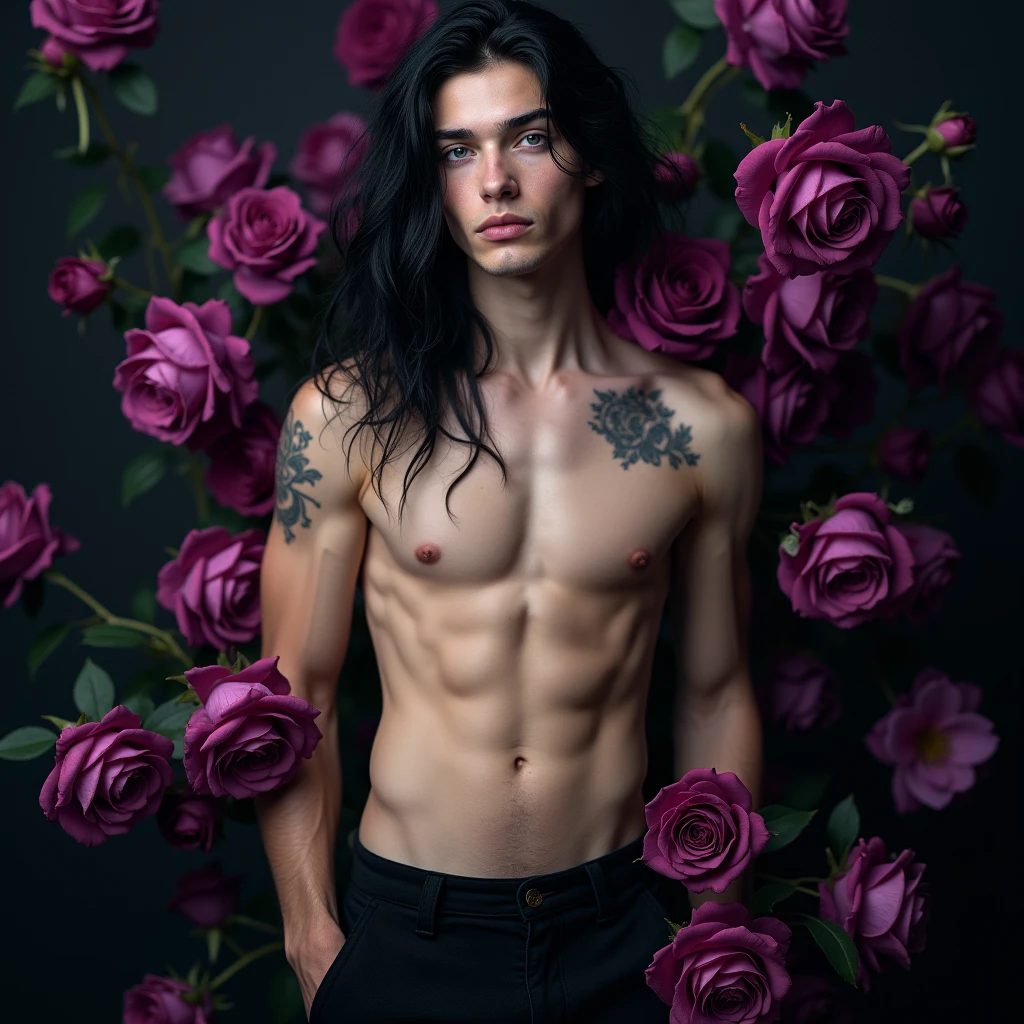 Male, sexy, long black hair, teal blue eyes, young, gothic, delicate features, no facial hair, no body hair, seductive, white and pale. Roses. Sexy pose. Purple and black. Sexy. Sexy pose. Seductive. Sensual. Mole under the left eye. Full body. Long eyelashes. Big bulge in his pants. Exposed torso. Whole body. Hickeys.