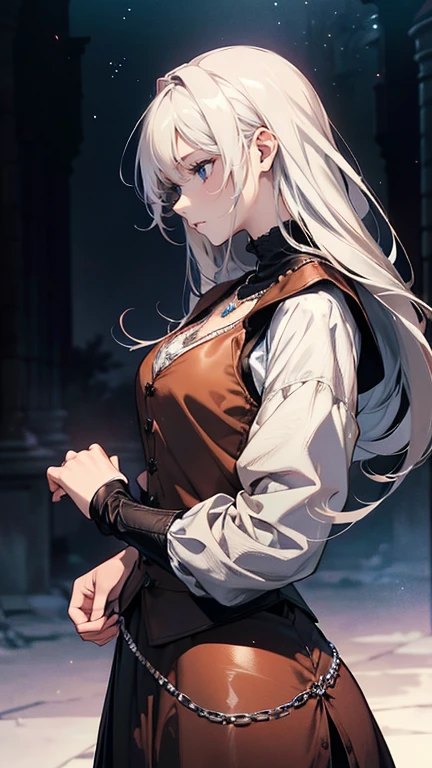 women, female, Alone, alone, by white, long loose rebellious hair, ((white pure hair)), crazy bangs, white eyebrows, white eyelashes, ((prominent blue eyes 9.0)), wearing a white shirt with a ((black leather vest fitted)), Gray background, profile, character design image, high quality, 4k resolution, cheered up, paint, elegant, clothing of the middle ages, noble medieval, beautiful, long brown skirt, brown cloth belt, cintura beautiful, perfect body, femenine pose, interesting, night sky, stars, ((Tight clothing, loose sleeves)), ((Square Sapphire necklace 9.0))