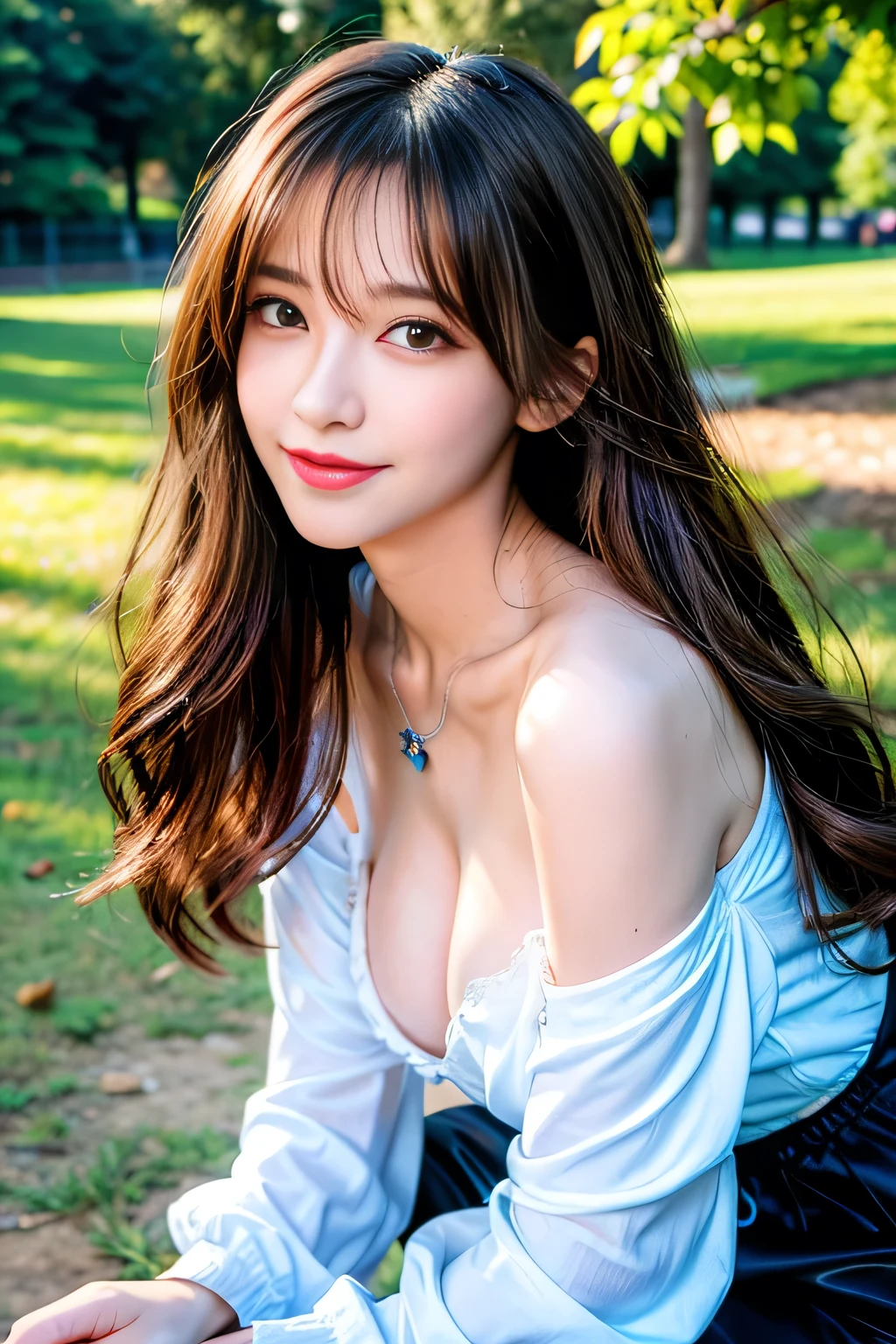 seed;2372725988,((Full Body Angle))、((Front hair:1.3))、((Highest quality, 8k, masterpiece: 1.3)), concentrated: 1.2, Cute 1,Nipples erect、 Perfect beauty: 1.4,Summer off-the-shoulder cropped T-shirt、Letter Print、Shorts: 1.2,Long sleeve、Randall Color、comics＆Text Graphics、Black ruffle-trimmed drawstring zip blouse,1.1, Highly detailed face and skin textures, Fine grain, double eyelid, whitening skin, ,Highest quality,Ultra-high resolution,you,1 person,alone,_Shiny_skin,Iris,necklace,((brown_length_Wavy_hair)),(lips)),eyelash,Front hair,deal with,compensate,Shiny,pore,skin,Large Breasts、((smiling face))、Walking in the park、Selfie、