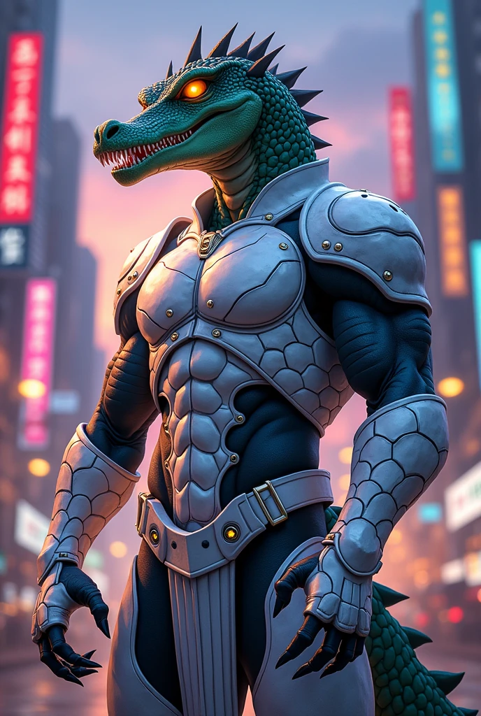 Boku no Hero style, half man half crocodile and white armor covering the entire body 