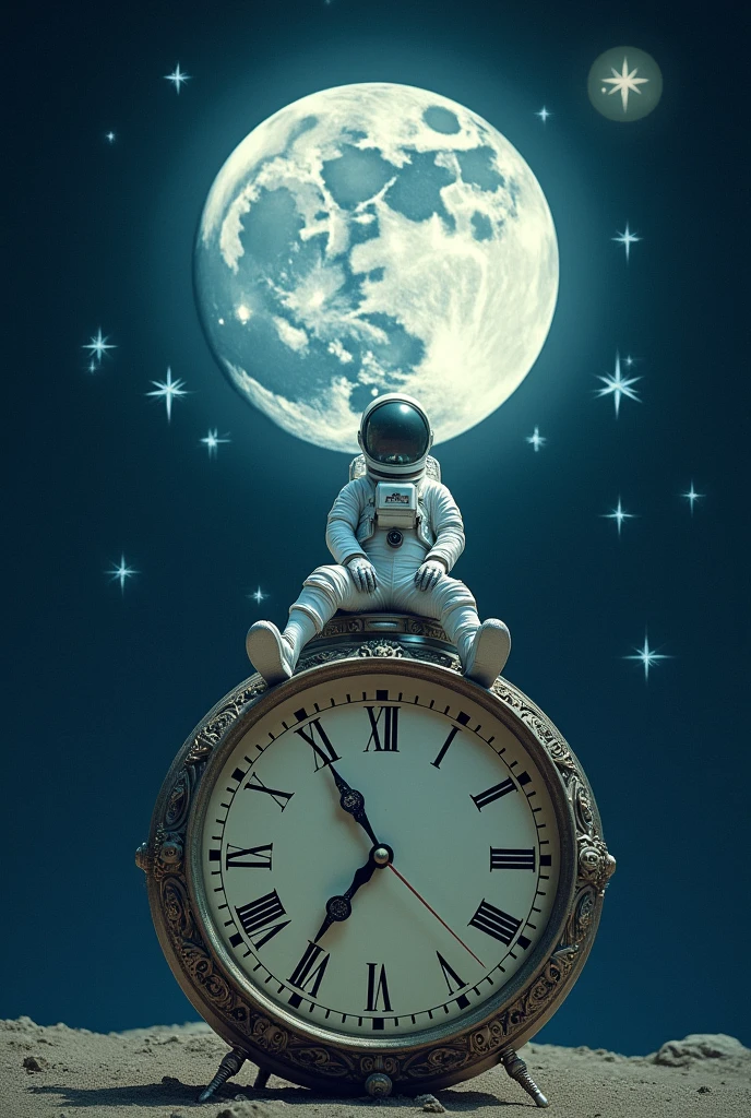 Astronaut sitting on a clock

looking at the moon



