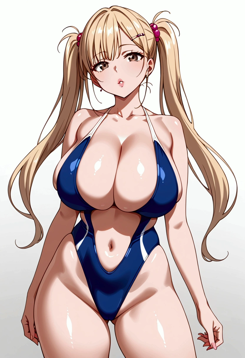 1girl, breasts, solo, blonde_hair, swimsuit, bad_face, brown_eyes, hairclip, one-piece_swimsuit, hair_ornament, navel, cleavage, highleg, lips, twintails, highleg_swimsuit, large_breasts, thighs, shiny, navel_cutout, pigtails, shiny_skin, bare_shoulders, huge_breasts, parted_lips, skindentation, clothing_cutout, gradient_background, gradient, collarbone, cowboy_shot, standing, blue_one-piece_swimsuit, thick_thighs