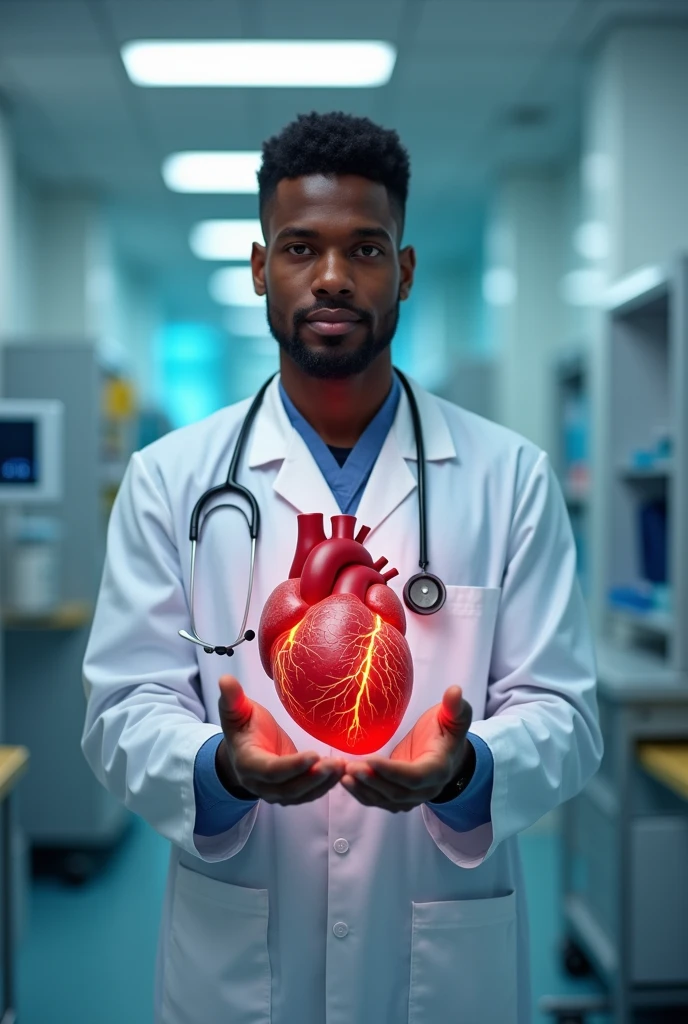 Drawing of a young, dark-skinned doctor holding a human heart in his hands