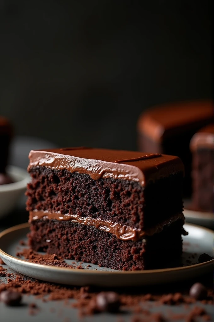 cinematic film still chocolate, chocolate cake, dark background, quality photo, moist texture, frosting, studio photo, slice . shallow depth of field, vignette, highly detailed, high budget, bokeh, cinemascope, moody, epic, gorgeous, film grain, grainy