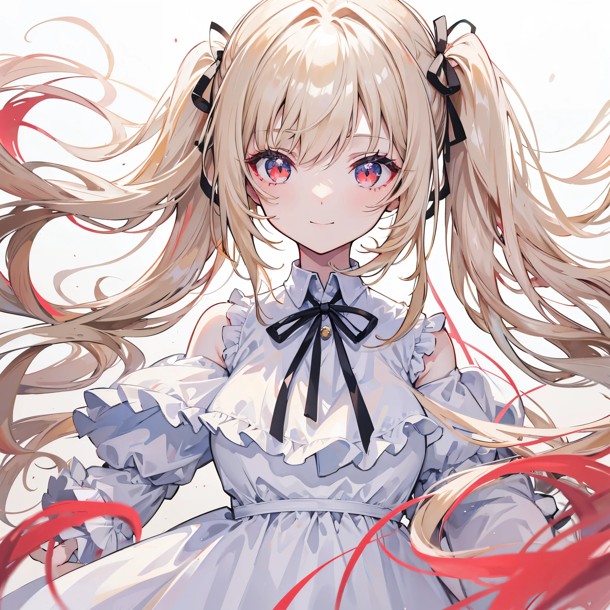 High resolution, One person, solo, Long Hair, Twin tails,Red eyes,Beige hair,
Highest quality, masterpiece, High-resolution model, Long Hair, Shiny Hair, Sparkling eyes, Lonely, smile, disposal、watercolor、Light color scheme、White dress、Simple Background, Close-up, Part of the picture goes outside the frame, Lots of white space, watercolor画,White flower