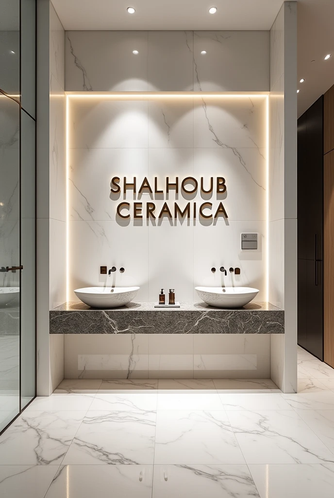 Write “SHALHOUB CERAMICA” on the wall and around it luxury tiles white carara, Marble, granite and basins.