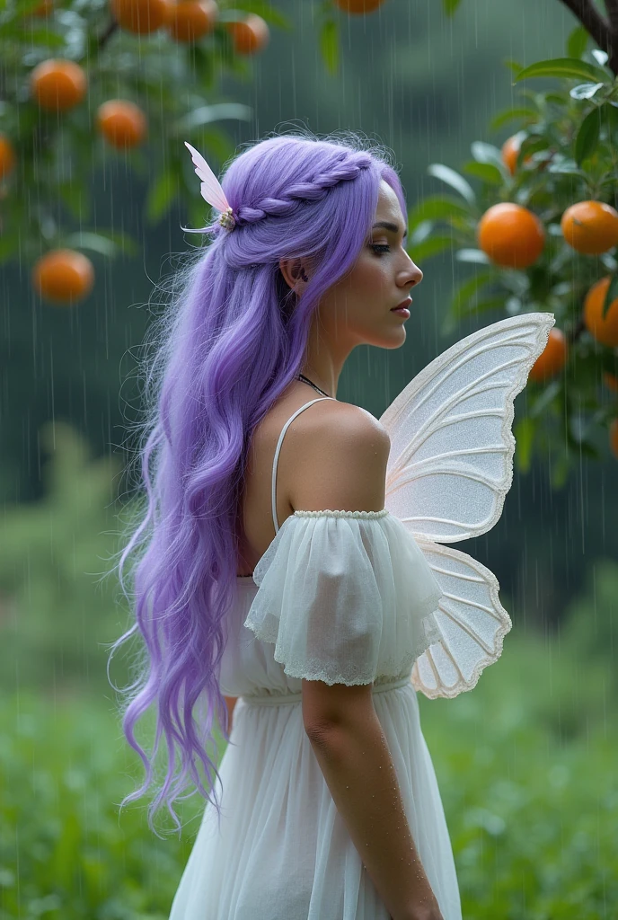 Korean purple hair butterfly woman with headset in a field with an orange tree and white dress falling rain transparent outfit perfect body transparent dress showing buttocks and butterfly wings rainy day shiny and transparent outfit day. Rainy