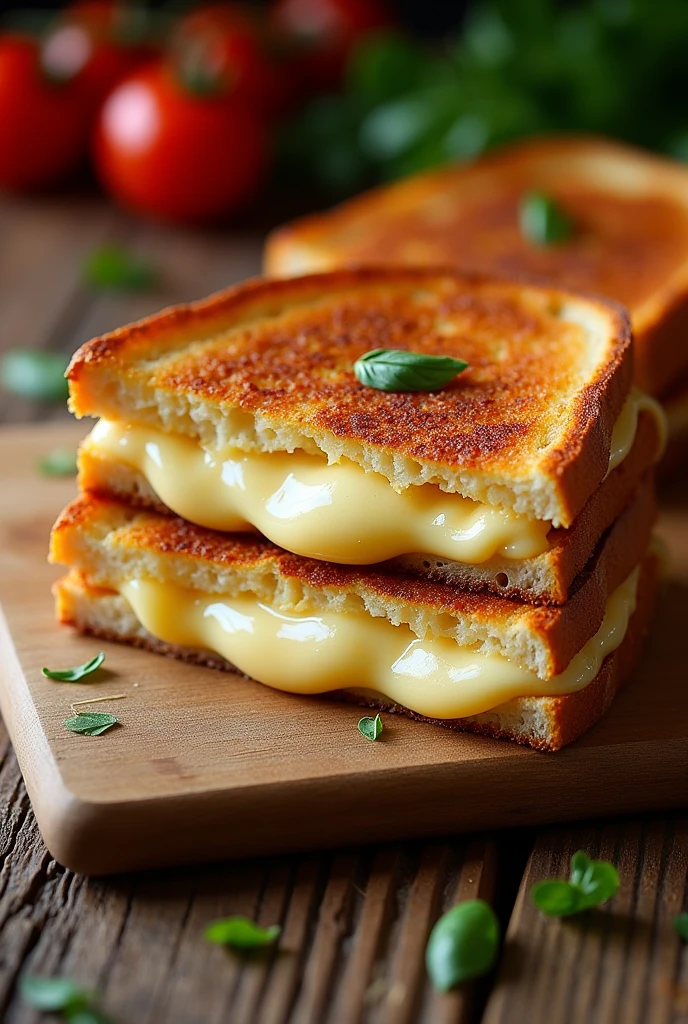 Une photo réel d'un panini rectangulaire coupé en deux horizontallement aux trois fromages, mozzarella, sainte maure et emmental