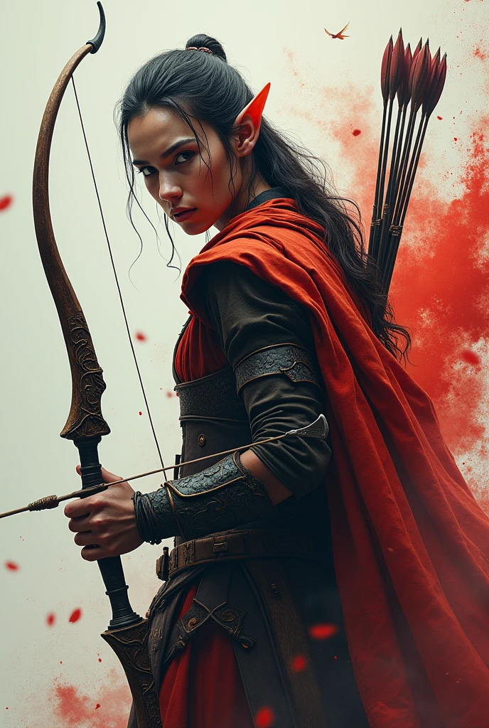 plano general, whole body, bloom, hiper realist,((1 solitary elf, Bow and arrows, strong and robust, elf clothes, dynamic pose:1.5)), fighting stance, looking at the viewer, scales, (abstract ink splash:1.2), (Best Quality,4k,8k,High resolution,masterpiece:1.2),ultra detailed,sharp focus,(realist,photorealist,photo-realist:1.37),very detailed face,extremely detailed facial features,hyper realist skin texture,extremely fine details,intricate details,
detailed eyes,detailed nose,detailed lips,Detailed facial expressions,intricate facial anatomy,intense lighting,
dramatic lighting,changing lighting,cinematic lighting,chiaroscuro lighting,dramatic shadows,dramatic moments,
vivid colors,intense colours,Deep contrast,cinematic depth of field,cinematographic composition,cinematic camera angle
