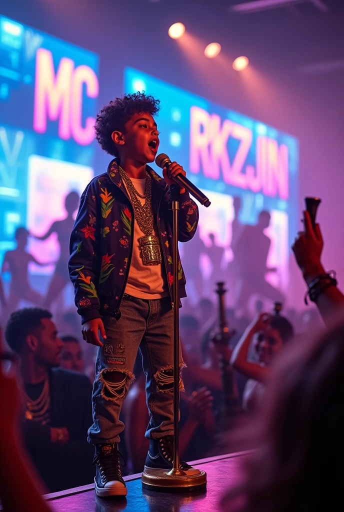 An 11-year-old child,singing funk on stage,and a screen that says MC RKZIIN 061,Half naked women,hookahs,whiskey glasses,gold chains,gold microphone,many fans