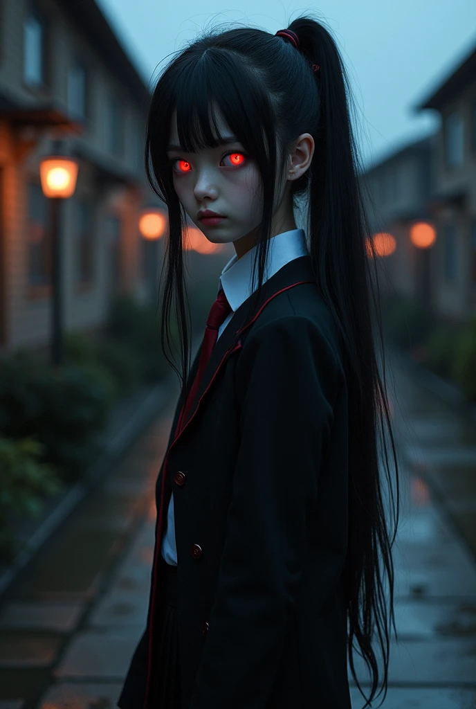 (masterpiece), best quality, expressive eyes, perfect face, 1girl, black hair, long hair, ponytail, ligh red eyes, vampire, school uniform