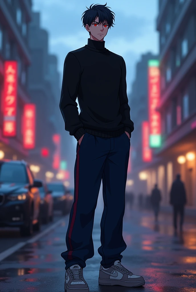 1guy, anime, male, dark red eyes, handsome guy, with black sweater and long dark-blue pants, Nike sneakers, standing, emotionless, fair skin tone 