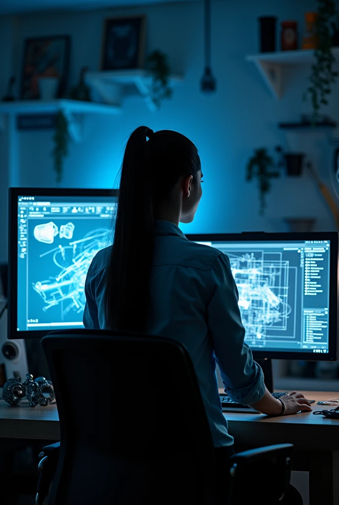 an image of a female mechanical engineer with black hair, brunette who doesn't show her face in front of a computer
