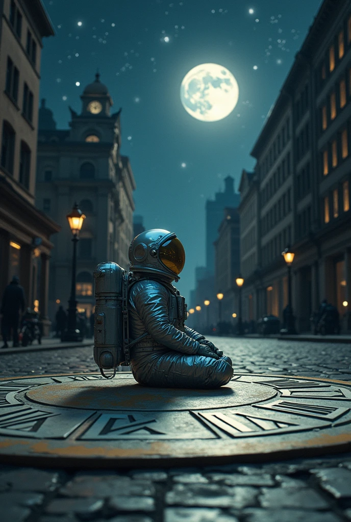 Astronaut on the street
sitting on a clock
looking at the moon