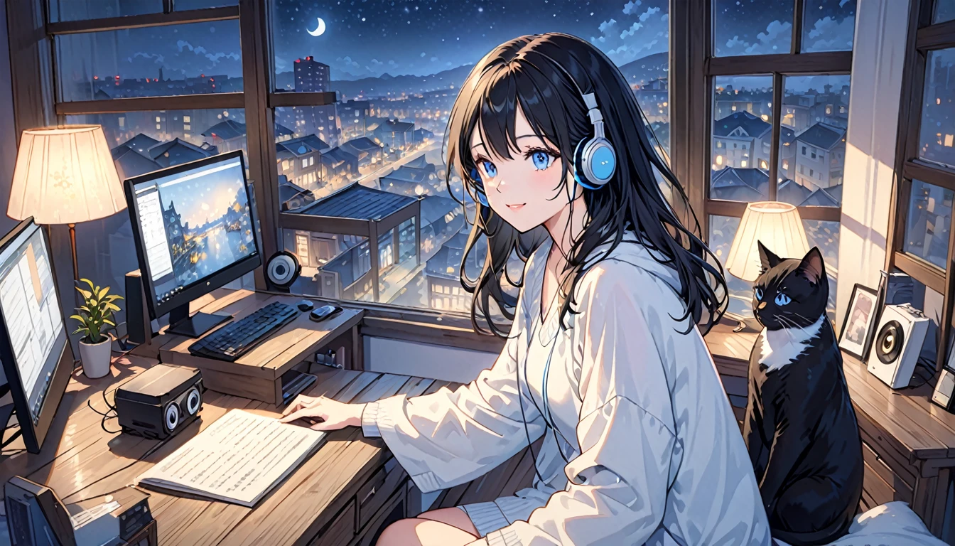 Beautiful woman, alone, A gentle smile on her face, Black Hair, blue eyes,Cat, Beautiful depiction,A woman sitting in front of a computer in a cozy bedroom, A woman listening to music in a cozy room. (night), Use headphones, (beautiful night views from windows), city,Very detailed