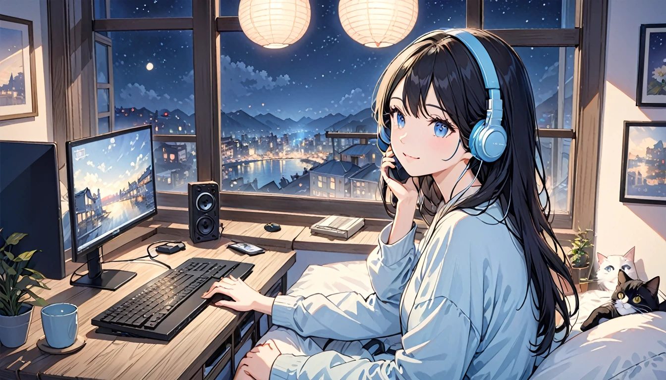 Beautiful woman, alone, A gentle smile on her face, Black Hair, blue eyes,Cat, Beautiful depiction,A woman sitting in front of a computer in a cozy bedroom, A woman listening to music in a cozy room. (night), Use headphones, (beautiful night views from windows), city,Very detailed