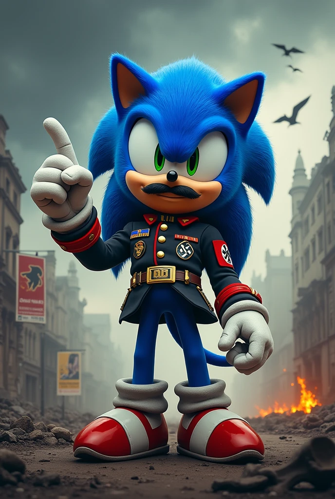 Sonic wearing Nazi clothing with a mustache