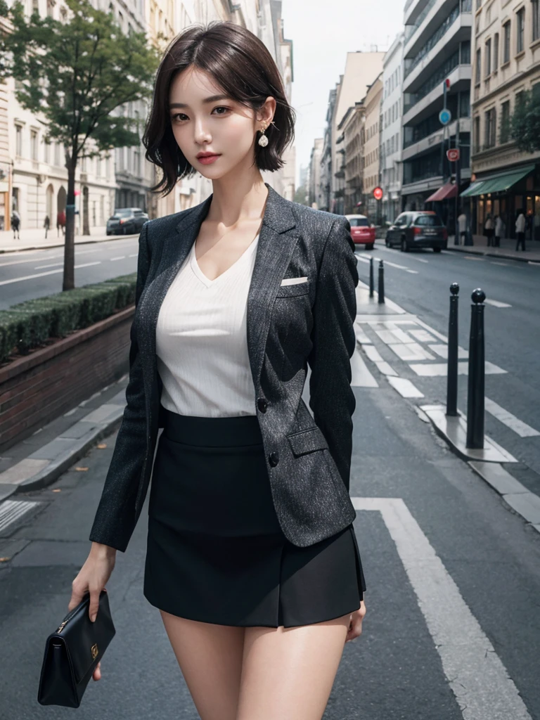 (full body shot), (very huge round tits), (full legs), absurdres, RAW photo, extremely delicate and beautiful, masterpiece, Best Quality, ultra high resolution, 32k, hyper realistic, ultra-detailed, Very detailed CG 8k wallpaper, detailed background, landscape, Beautiful Lighting, Perfect Lightning, Realistic Shadows, perfect anatomy, anatomically correct, ideal ratio body proportions, perfect figure, Perfect Style, Perfect balance, super Detailed skin, in her 30s, very Slim body, narrow waist, very small head, very small face, delicate facial features, handsome detailed woman, very detailed eyes and face, realistic face proportions, Realistic beautiful face, Realistic beautiful eyes, tearful mole, earring, medium short hair, asymmetrical hair, wavy hair, outdoor, business suit, blazer, skirt, blouse,