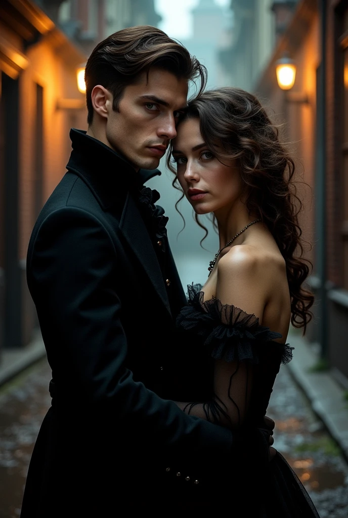 Men, short dark brown hair, 24 years, right hand of a duke, victorien style, from the 1721, comes from Wales, green eyes, vampire atmosphere, human, has black clothes, novel, character design, hot guy, protagonist, strong, Victorian Style/clothes from 1721, cheekbones and jawline, arrogant, Dangerous
A Victorian woman, a lady, human. She has brown hair and it's curly but without much volume. She wears a dress out of the 1721, a bit English touched. It's for my vampire novel so it should have a dark touch.
They are a couple, dangerous, vampire, Victorian Style, in their 20s