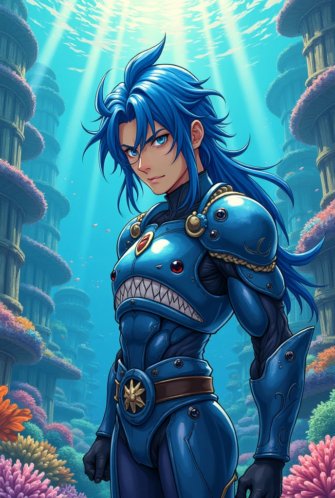 Manhwa man with blue hair and a humanoid shark appearance
