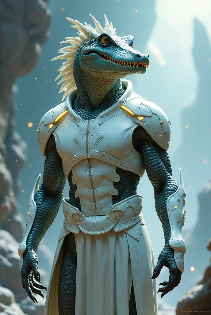 Honkai Star Rail style half man half crocodile with white armor covering the entire body