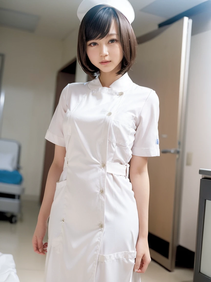 woman, alone, (Wearing white nurse clothes:1.2), (Bobcut), Shortcuts,bangs, Black Hair, nurse, Perfect Anatomy, nurse uniform, (Nurse cap), (White costume), Long skirt, hospital, Face close-up, 