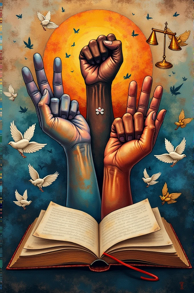 A Collage on a well-developed theme of ethics and human rights with many images 