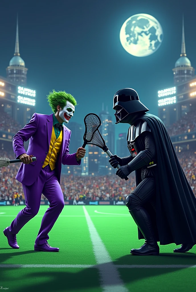 Joker and Darth Vader playing lacrosse