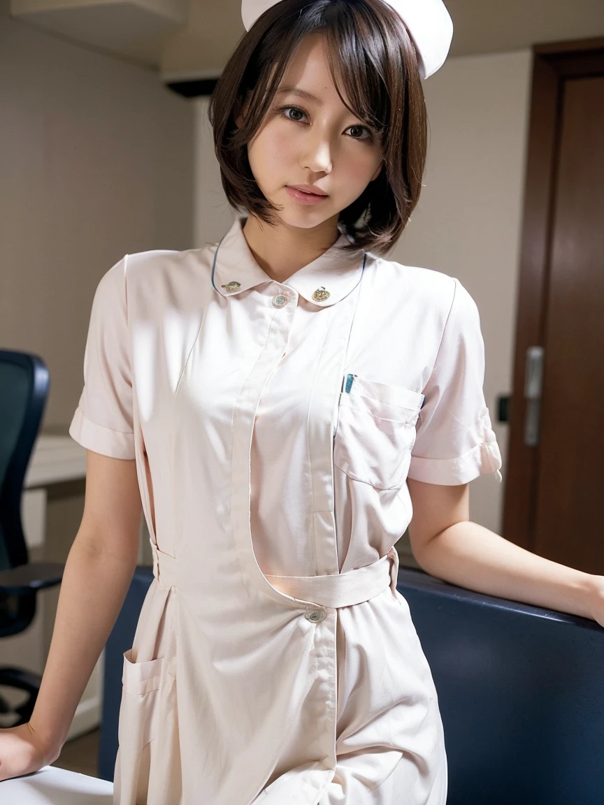 woman, alone, (Wearing white nurse clothes:1.2), (Bobcut), Shortcuts,bangs, Black Hair, nurse, Perfect Anatomy, nurse uniform, (Nurse cap), (White costume), Long skirt, hospital, Face close-up, 