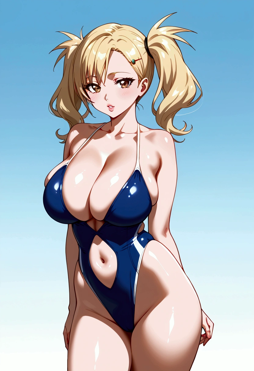 1girl, breasts, solo, blonde_hair, swimsuit, bad_face, brown_eyes, hairclip, one-piece_swimsuit, hair_ornament, navel, cleavage, highleg, lips, twintails, highleg_swimsuit, large_breasts, thighs, shiny, navel_cutout, pigtails, shiny_skin, bare_shoulders, huge_breasts, parted_lips, skindentation, clothing_cutout, gradient_background, gradient, collarbone, cowboy_shot, standing, blue_one-piece_swimsuit, thick_thighs