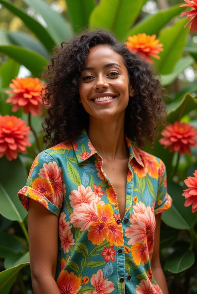 A Brazilian woman in a lush tropical garden, wearing an open shirt with a floral print, with a close-up capturing the harmonious beauty between her breasts and the natural flowers, showing off your natural charm and outgoing personality.