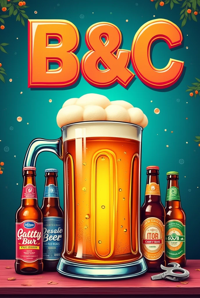 Beverage distributor B&C large logo add beer bottles , Vintage 80s beer mug and bottle opener