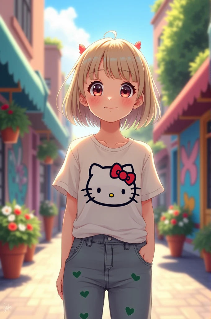 Female character with short, beige bangs, wearing a shirt with a Hello Kitty in the middle, grey pants with green hearts.