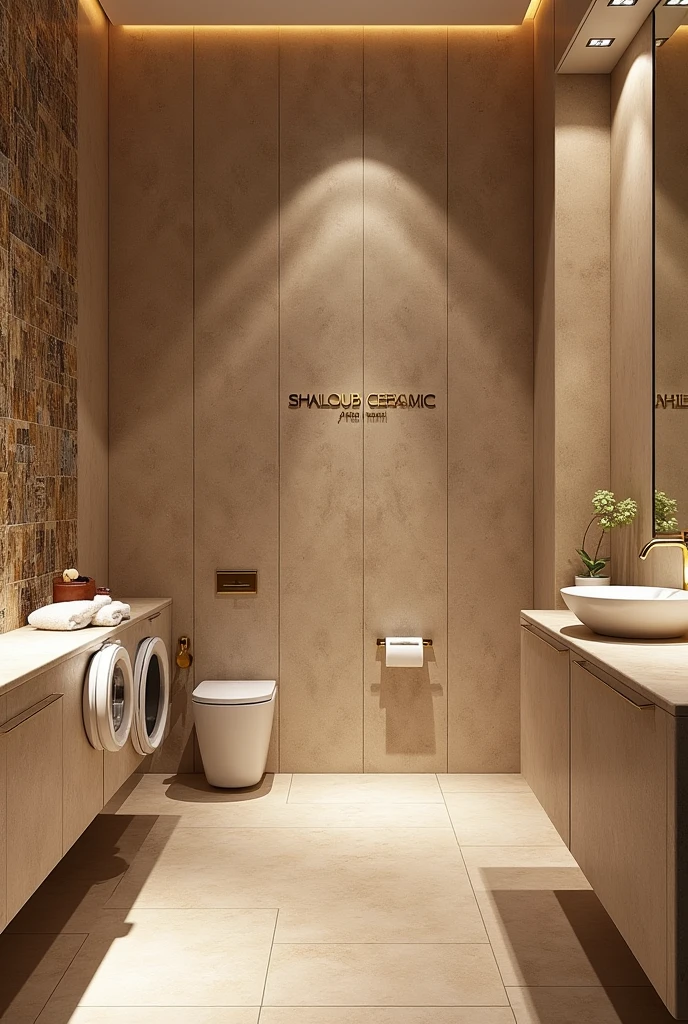 Write “SHALHOUB CERAMICA” on the wall and around it luxury bathroom, tiles, washer and basins.