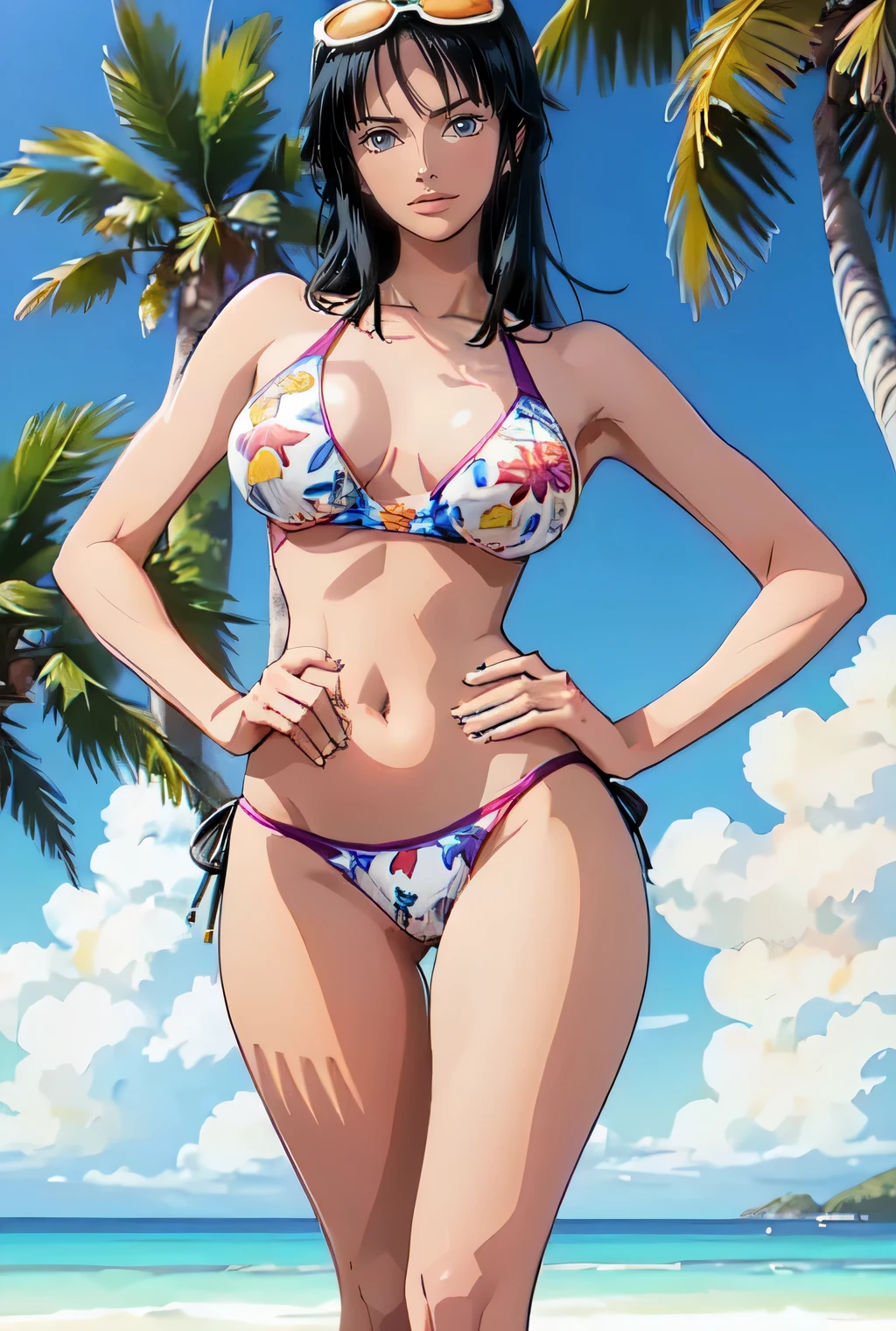 best quality, masterpiece, over  the  sea,1girl (((white bikini swimsuit、flowers printed)))、Beautiful sunlight on the beach, One Piece character nico robin, long black hair, extremely beautiful, looking at the viewer, standing in a bikini.(top-quality, 8k, masterpiece:1.3)), A detailed eye, (looking at from the front), Look at the camera, ((Everything is sparkling、reflecting light:1.2)), (portrait), 1 person, nico robin ((one piece)), Beautiful woman with perfect body, Highly detailed facial and skin texture,wearing accessories on head, all fingers pointing at viewer,(((Beautiful white bikini)))、(((huge breasts)))、((High quality bikini))、(((bikini most quality detailed)))、(((high brand bikini)))