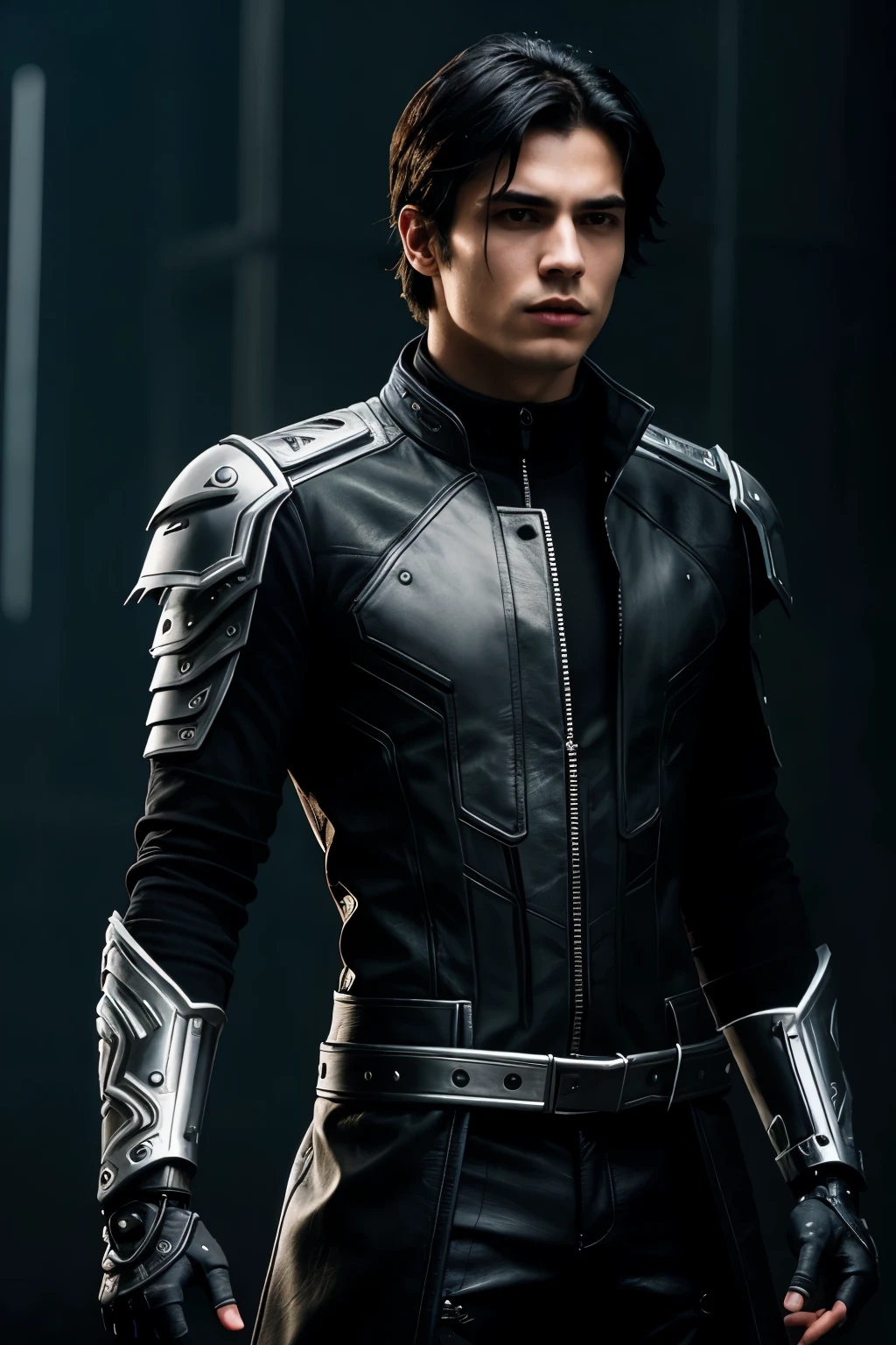 Create a detailed image of a young male character with a cybernetic appearance. He has medium-length black hair with silver highlights, adding a futuristic touch to his look. His cold, empty eyes and a prominent scar along the side of his right eye highlight his intense, battle-hardened expression. He wears a long black faux leather coat, emphasizing his dark and mysterious aura. His right arm is fully mechanical, featuring intricate designs and glowing lines.