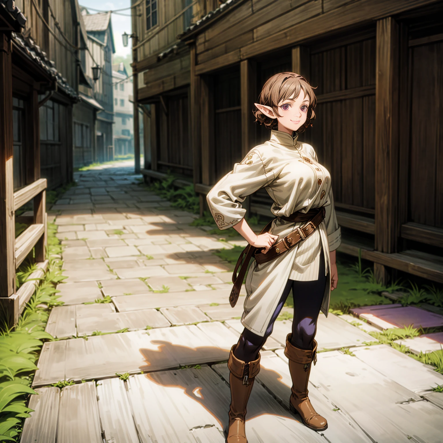 Solo character, full body version, old girl, (elf), purple eyes, brown hair, long curly haircut, casual outfit, boots, outdoor, town, medieval, morning, standing gesture, detailed background, detailed clothing, detailed hair, (Bleach style art, Doraemon style art), happy eyes, smile mouth, big breast, hand gun in hand 