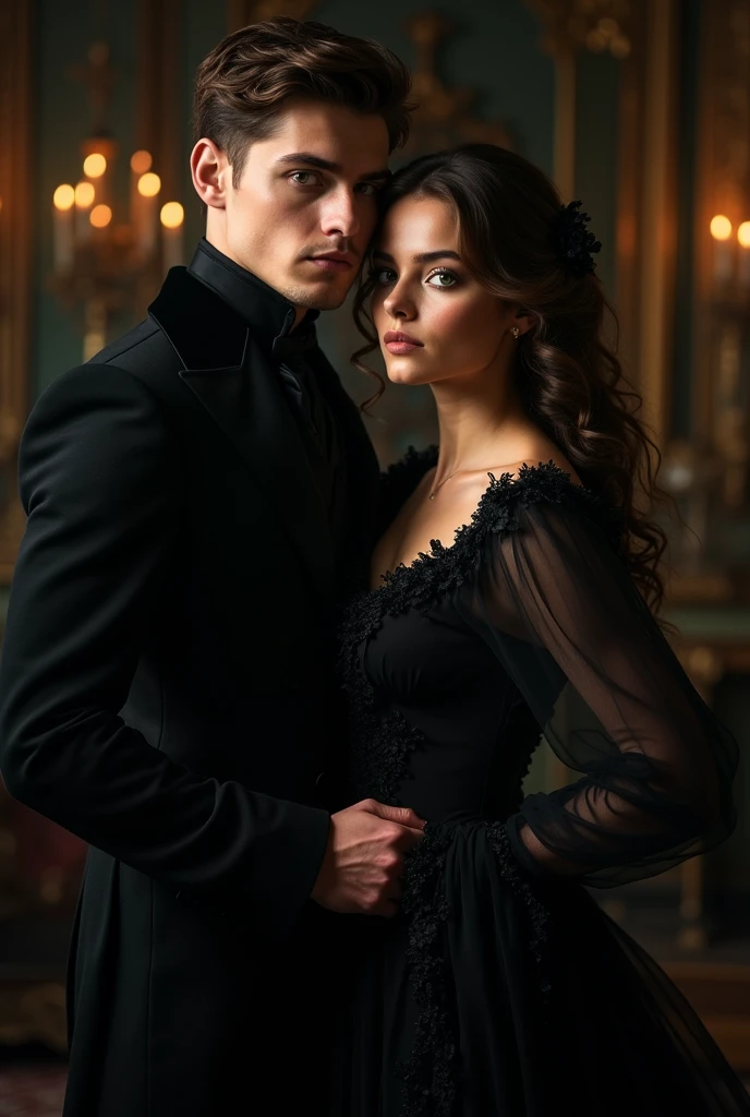Men, short dark brown hair, 24 years, right hand of a duke, victorien style, from the 1721, comes from Wales, green eyes, vampire atmosphere, human, has black clothes, novel, character design, hot guy, protagonist, strong, Victorian Style/clothes from 1721, cheekbones and jawline, arrogant, Dangerous
A Victorian woman, a lady, human. She has brown hair and it's curly but without much volume. She wears a dress out of the 1721, a bit English touched. It's for my vampire novel so it should have a dark touch.
They are a couple, dangerous, vampire, Victorian Style, in their 20s