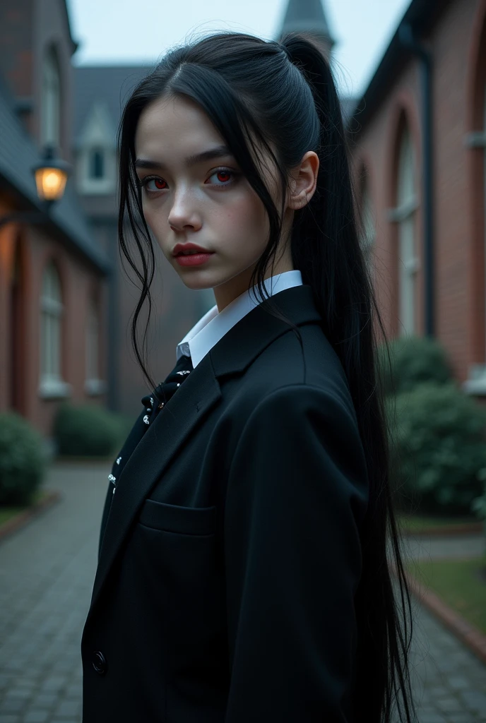 (masterpiece), best quality, expressive eyes, perfect face, 1girl, black hair, long hair, ponytail, ligh red eyes, vampire, school uniform, sharp canine teeth.