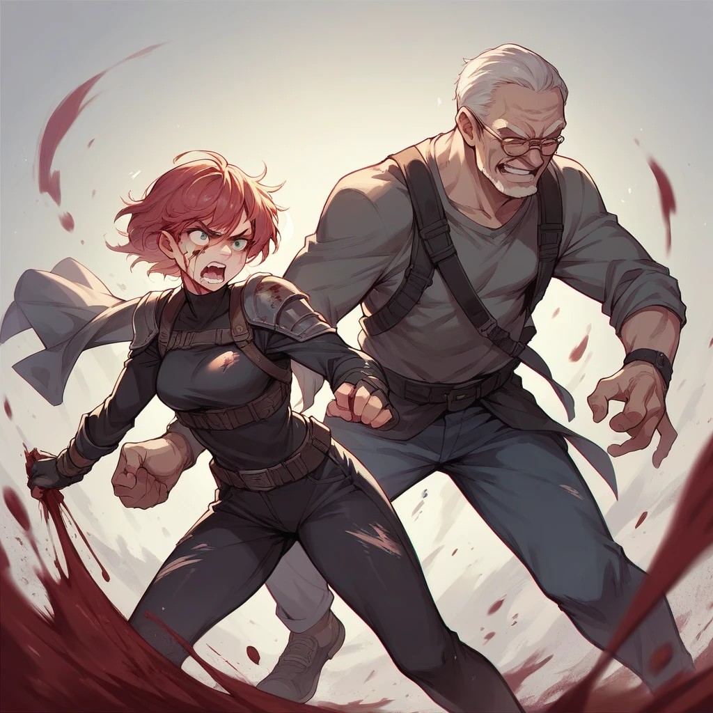 The old man in dark clothes is fighting with a girl in black clothes covered in blood.