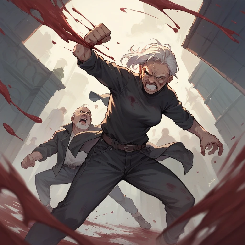 The old man in dark clothes is fighting with a girl in black clothes covered in blood.