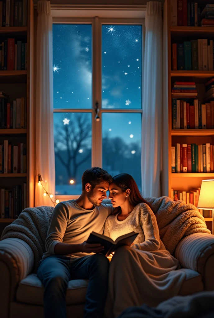 couple in the living room, Boyfriend sitting on the couch and girlfriend lying with her head on the boyfriend's lap, They are reading a book, There is a bookshelf full of books and a window showing the starry night