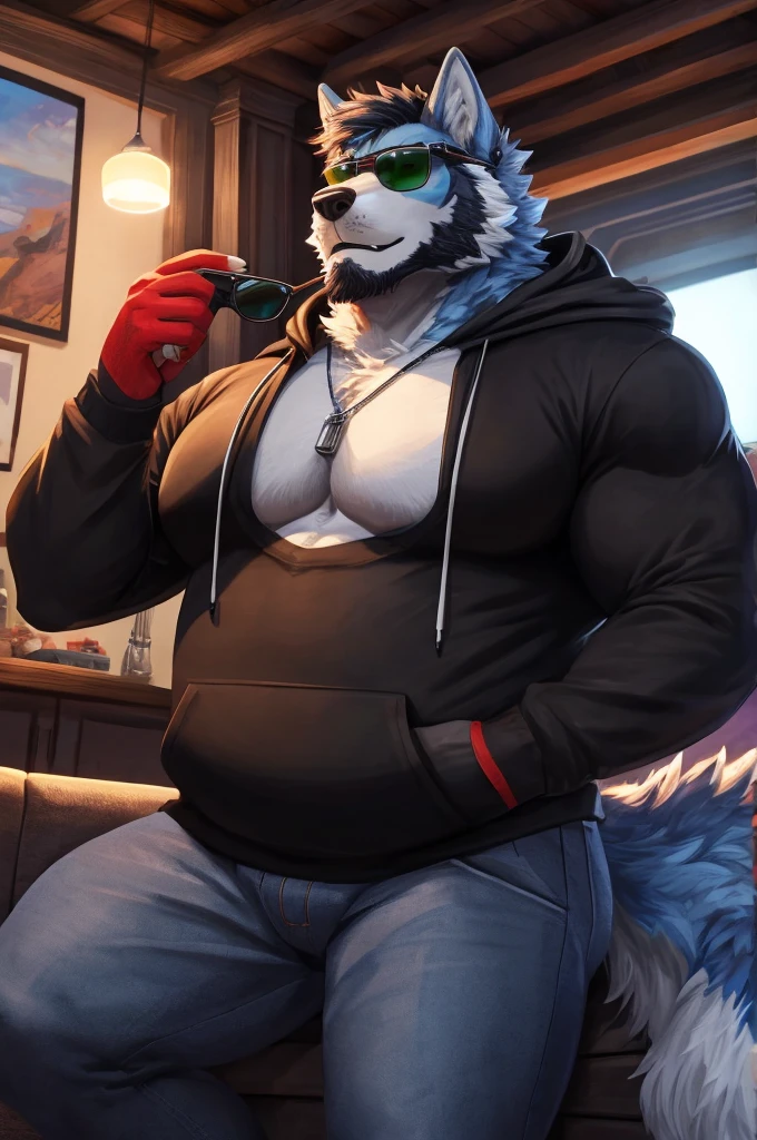 ((Ultra High Quality)), ((masterpiece)), ((Ultra detailed)), ((4k)).
Solo , Anthro , Wolf , Handsome Anthro Wolf , Light Blue Wolf , Light Blue Fur , Black Short Hair , Black Beard , Tiger Stripe , Handsone , Good Looking , Green Eyes ,(Eyes Details), Middle Ages , Huge Pecs , Chubby big fat ,, Playing Gaming , Hold Controller , Sunglasses , Wear Headphone , Cool Red Gloves , Black Cover Shirt , Black Jeans , hoodies