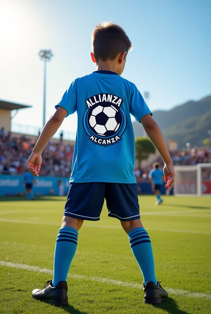 Logo and uniform for Alianza youth soccer team, sky blue with blue