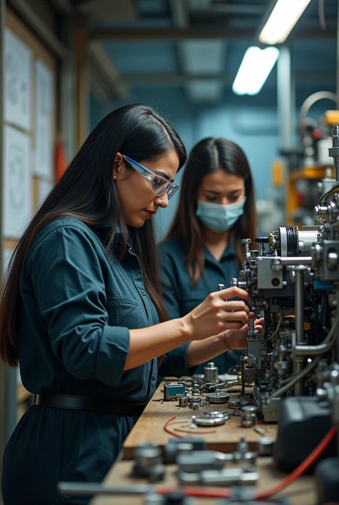 an image of a female mechanical engineer with black hair, a brunette whose face is not visible, building a machine
