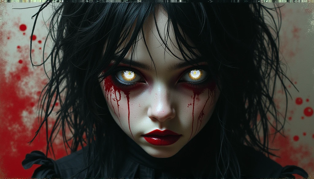 a close up of a woman with blood on her face, with red glowing eyes, with glowing red eyes, vampire girl, fantasy horror art, gothic fantasy art, with red eyes, dark fantasy horror art, horror fantasy art, gothic maiden anime girl, beautiful vampire queen, red glowing eyes, with a red eyes, artwork in the style of guweiz