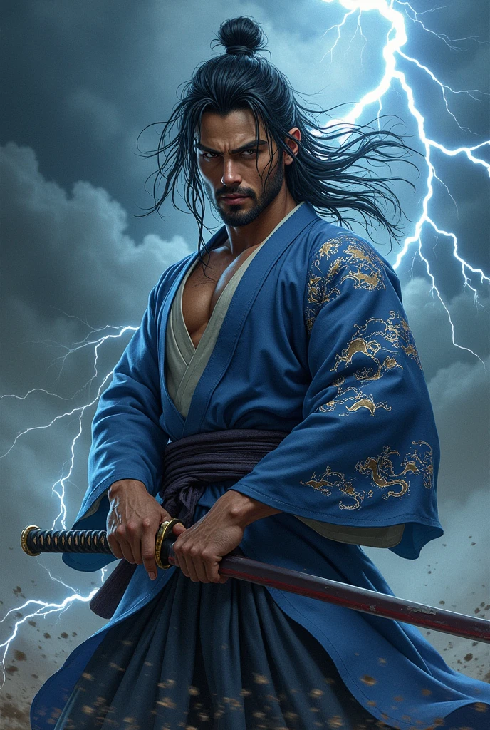 A black-haired thunder swordsman with a scar on his arm wearing a thunder haori
