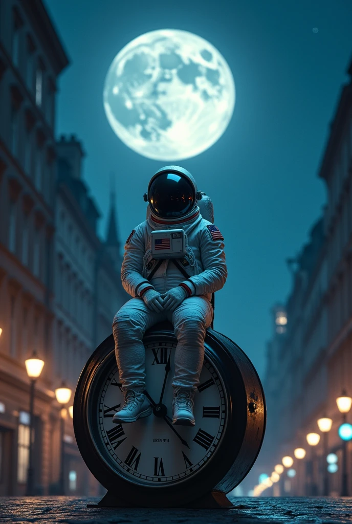 Astronaut on the street sitting on a clock looking at the moon at night